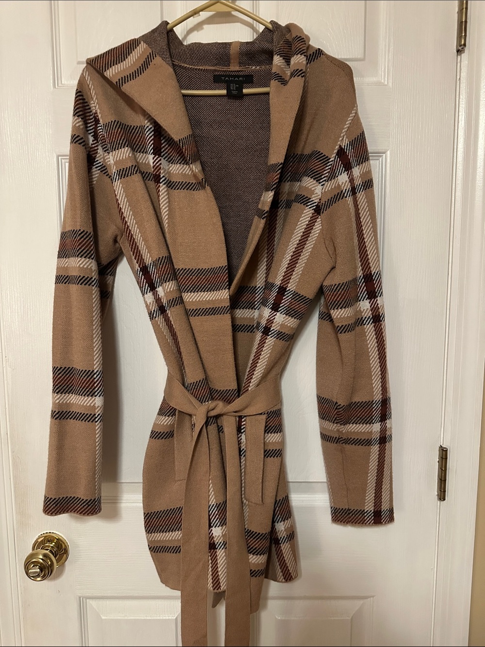 Tahari Tan Plaid Hooded Cardigan with Belt